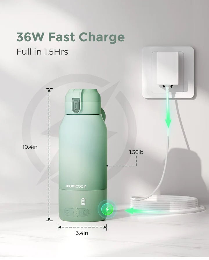 Momcozy Superfast Portable Breast Milk & Water Warmer with fast charging, USB power adapter, and travel-friendly design.