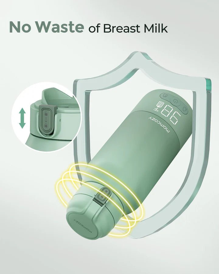 Momcozy Superfast Portable Breast Milk & Water Warmer highlighting spill-resistant design that helps prevent breast milk waste.
