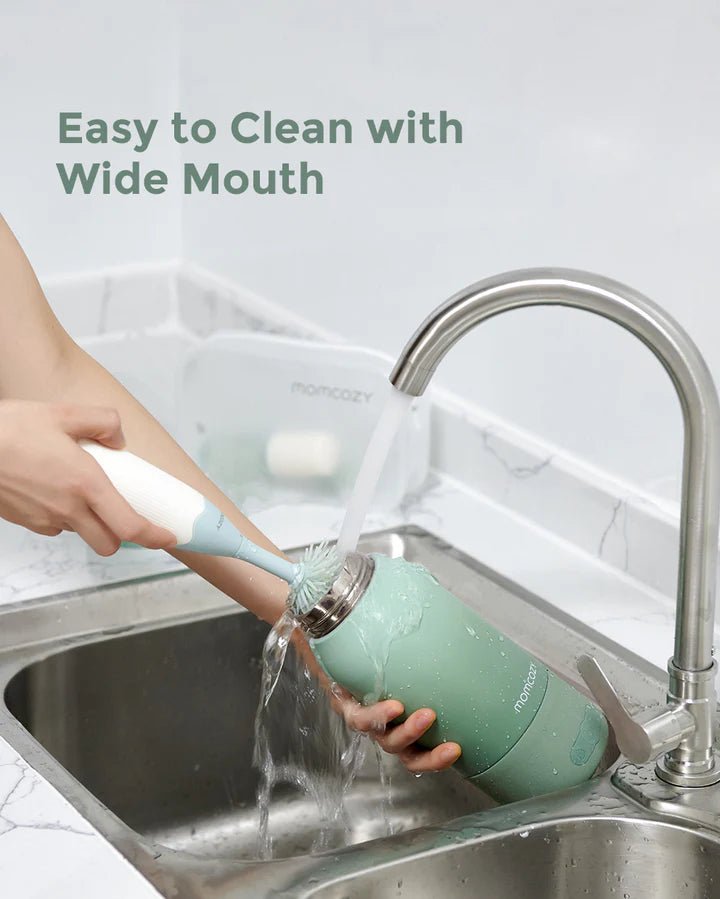 Momcozy portable breast milk and water warmer featuring a wide-mouth design for quick cleaning and easy daily maintenance.