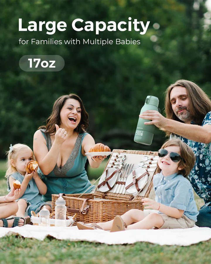 Momcozy Superfast Portable Breast Milk & Water Warmer for Travel Baby Feeding - Electronic - Family having a picnic with a large capacity water bottle labeled '17oz'.