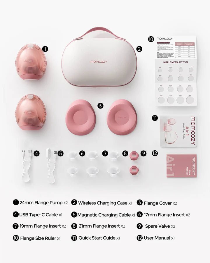 Momcozy Air 1 Ultra-Slim Breast Pump complete kit with wearable pump parts, accessories and storage components.