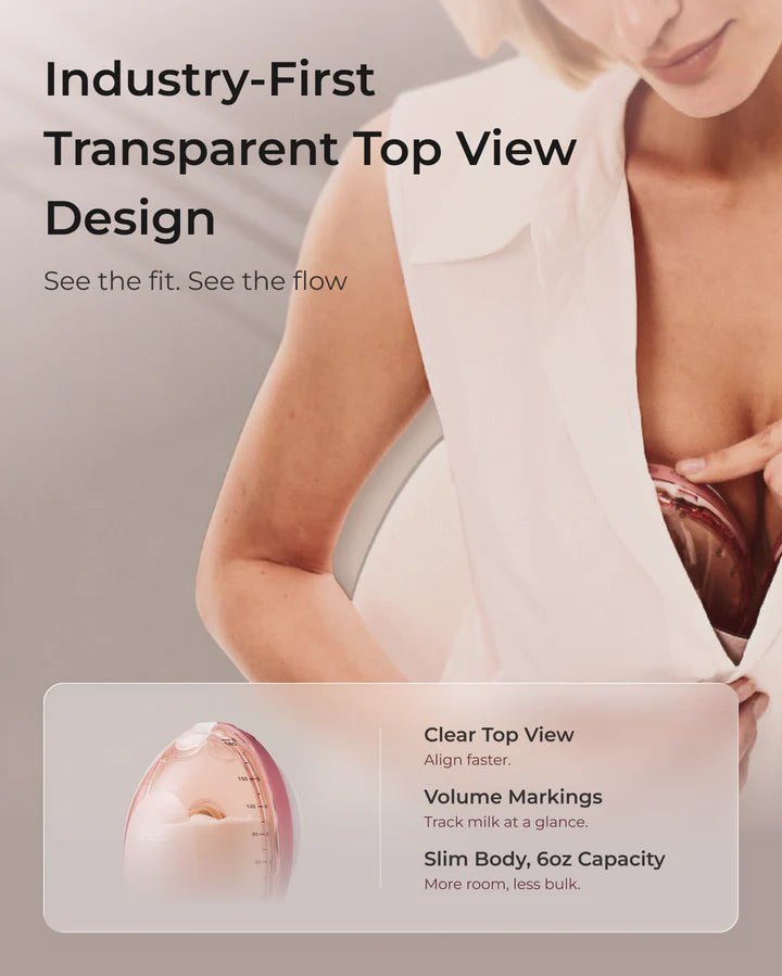 Transparent view of the Momcozy Air 1 Ultra-Slim Breast Pump showing ergonomic fit, milk flow path and design.