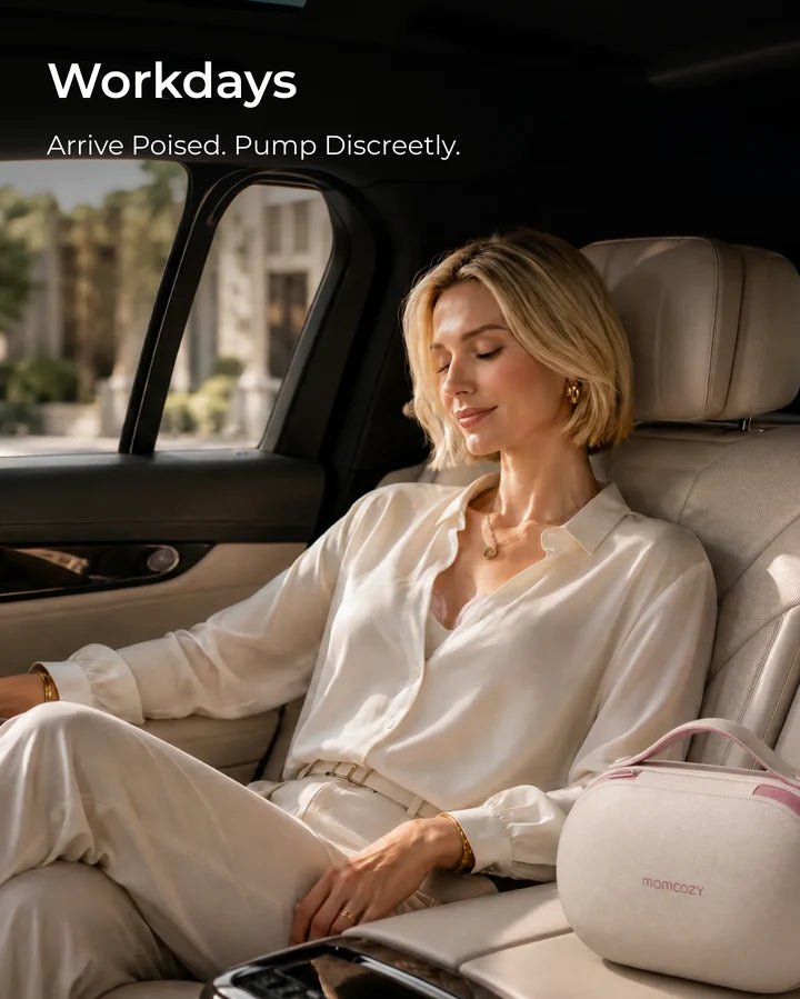 Momcozy Ultra-Slim Breast Pump - Air 1 Breast Pump -   Woman sitting in a car with a breast pump on a black background