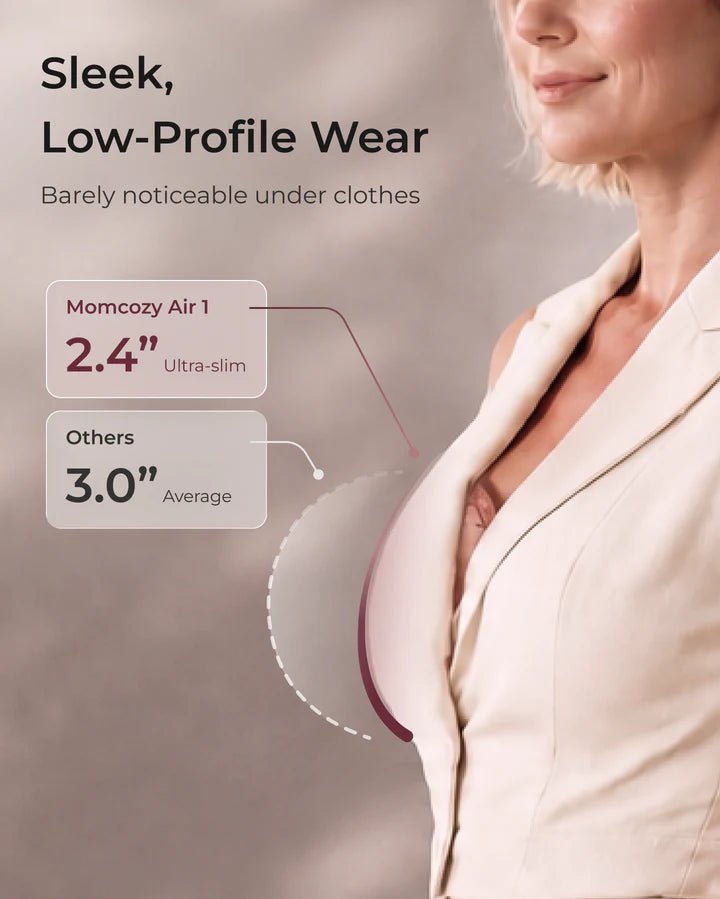 Woman demonstrating the slim profile of the Momcozy Air 1 Ultra-Slim Breast Pump beneath everyday clothing.