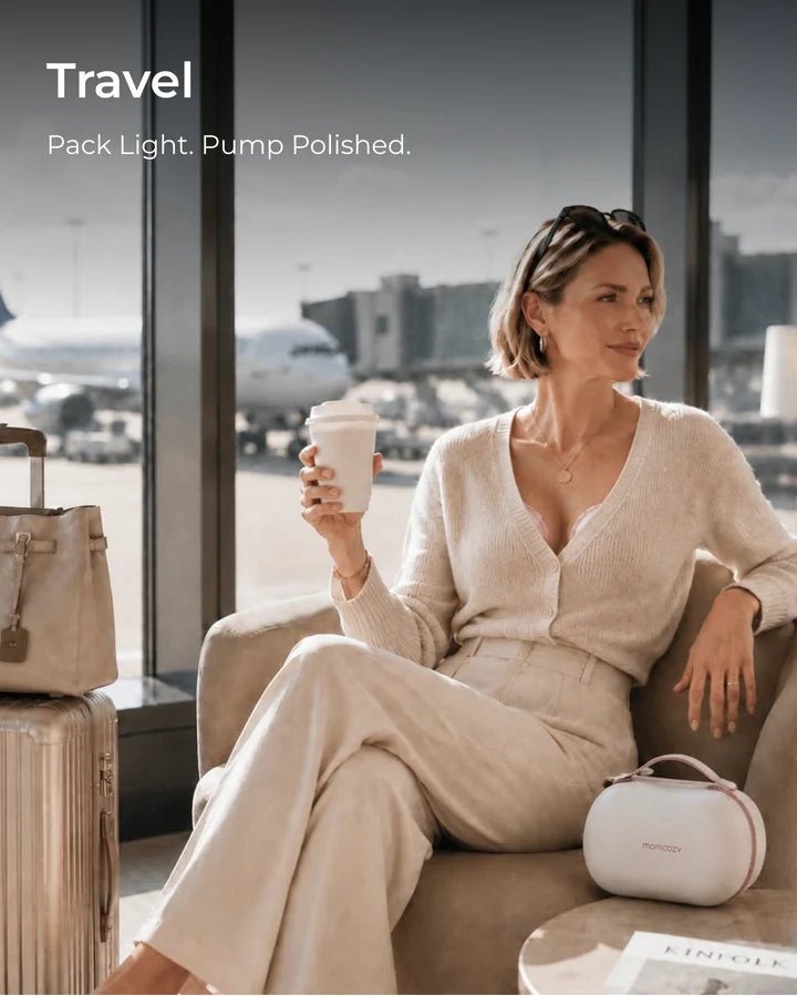 Woman using the Momcozy Air 1 Ultra-Slim Breast Pump while traveling through an airport with hands-free convenience.