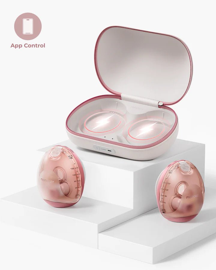 Momcozy Ultra-Slim Breast Pump - Air 1 Breast Pump -  Pink electronic device with a charging case on a white background
