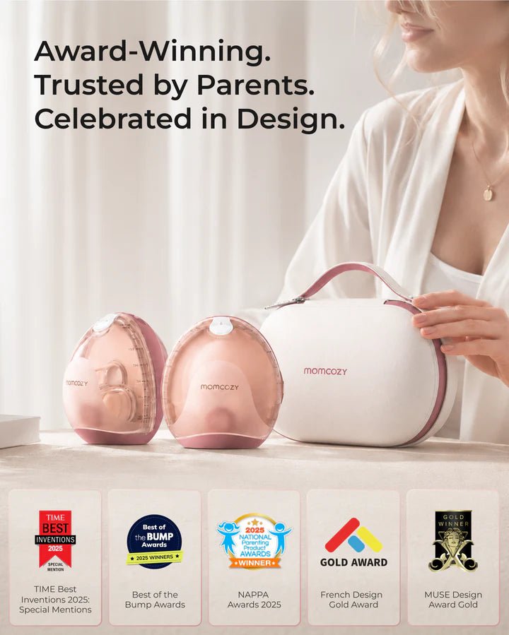 Momcozy Air 1 Ultra-Slim Breast Pump with award-winning recognition and wearable pumping accessories displayed.