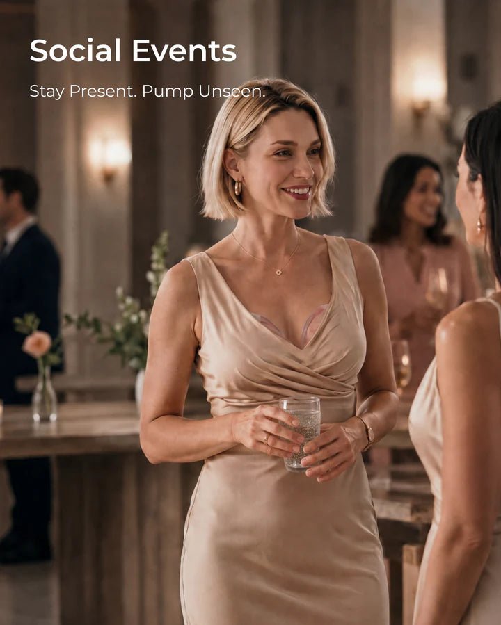 Woman wearing the Momcozy Air 1 Ultra-Slim Breast Pump during a social event, highlighting discreet hands-free pumping.