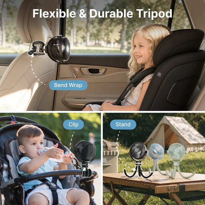 Momcozy rechargeable stroller fan attached to car seat, stroller, and outdoor table for versatile cooling anywhere