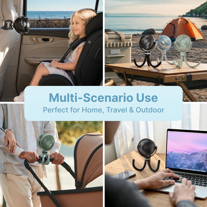 Momcozy rechargeable stroller fan used for camping, travel, stroller walks, office desks, and child car seats