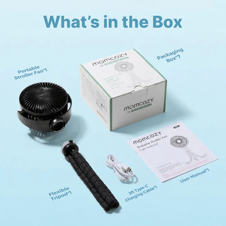Momcozy stroller fan package including flexible tripod fan, charging cable, user manual, and retail packaging