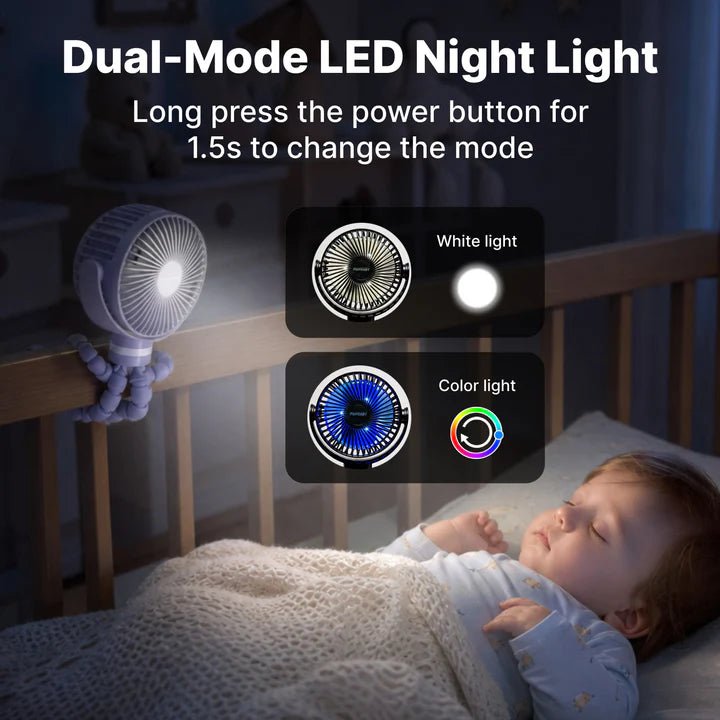 Momcozy stroller fan featuring dual-mode LED night light for nursery, crib, stroller, and nighttime baby care