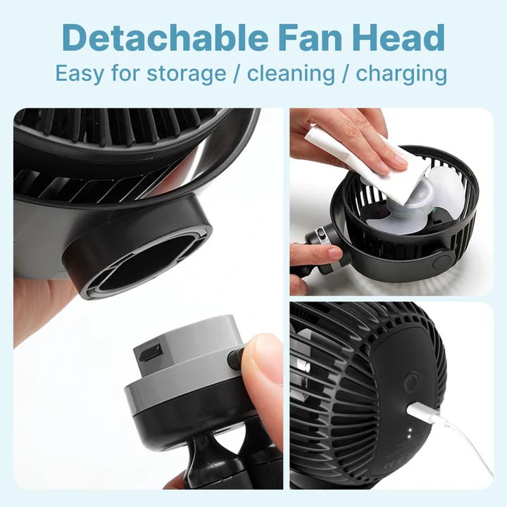 Momcozy USB rechargeable handheld cooling fan with detachable fan head, cleaning brush, and flexible tripod design
