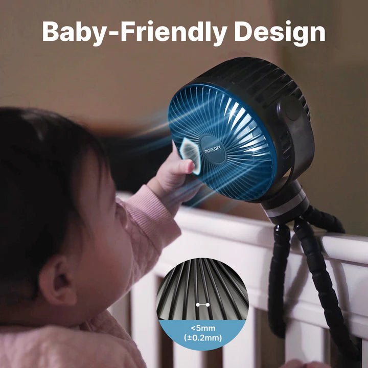 Momcozy baby-friendly portable cooling fan with protective blade cover for safe use around infants and toddlers