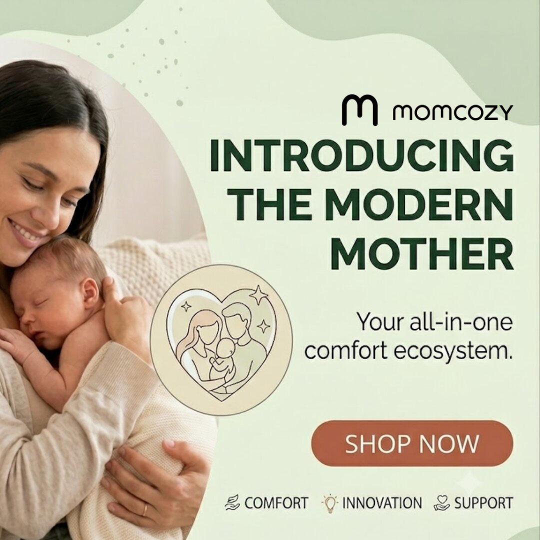 Promotional graphic for the MomCozy product, featuring a woman holding a sleeping newborn baby on the left, with text on the right reading 'INTRODUCING THE MODERN MOTHER' and 'Your all-in-one comfort ecosystem.' A 'SHOP NOW' button and small feature icons for comfort, innovation, and support appear at the bottom.