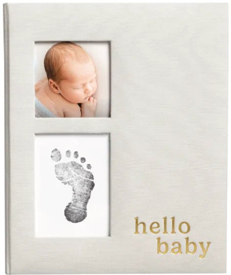 Pearhead Hello Baby Linen Baby Book -  Baby photo album with a baby's photo and footprint impression  
