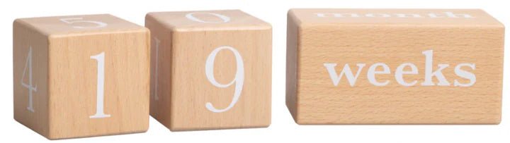 Pearhead - Natural Wooden Milestone Blocks - Three wooden blocks with numbers and letters  
