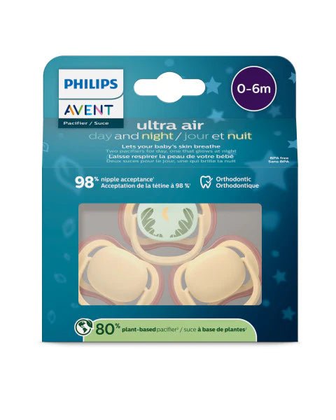Philips AVENT Ultra Air pacifier 3 pack for babies aged 0 to 6 months in Yellow and Tropical Night design