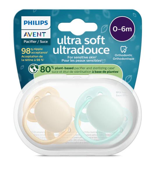 Philips AVENT Ultra Soft pacifier for babies aged 0 to 6 months in Sand and Mint colors