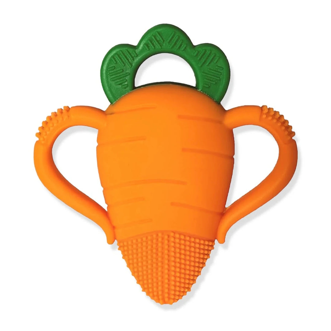 Razbaby Carrot Teether front view with BPA-free silicone carrot design and textured surface for soothing baby gums