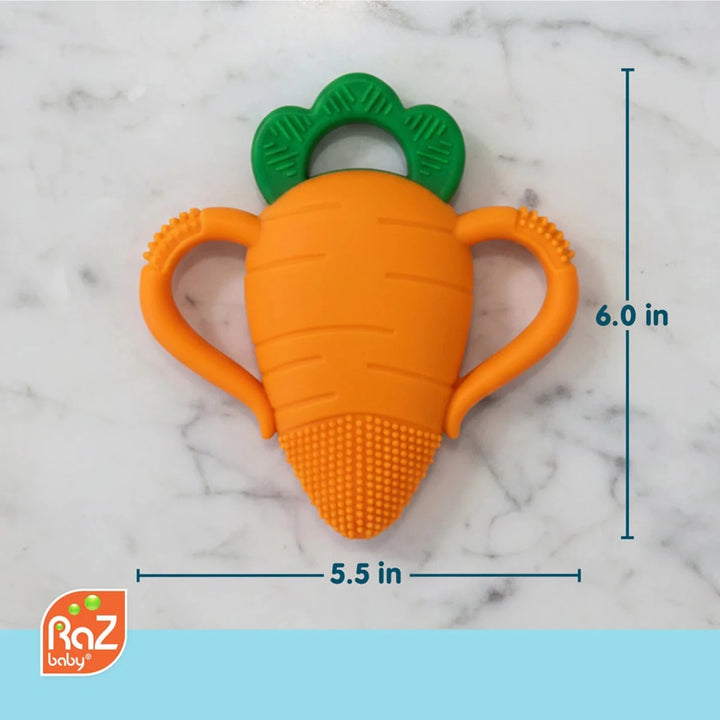 Razbaby Carrot Teether displayed from a top view, highlighting the easy-grip handle and textured carrot top for safe, effective teething relief.