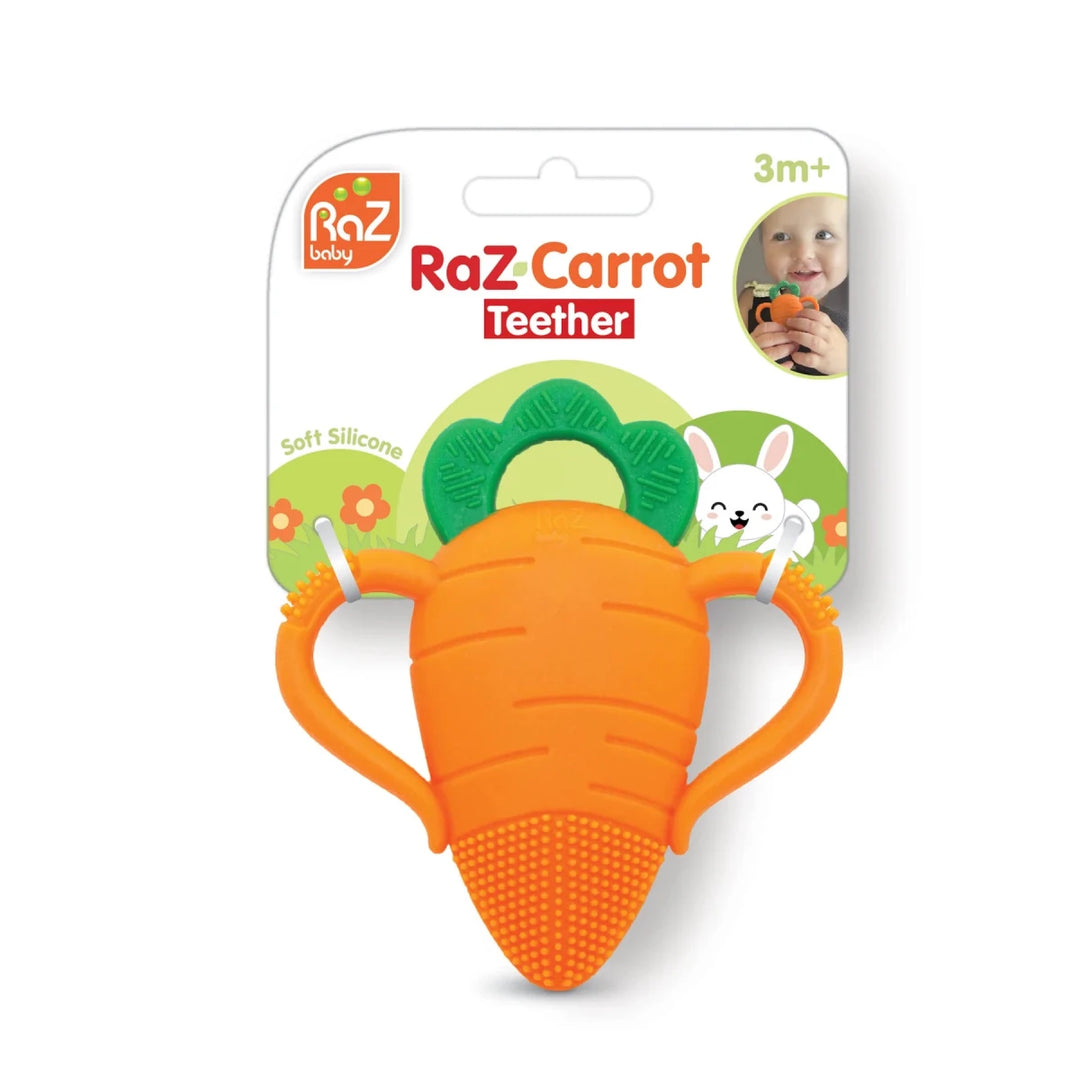 Razbaby Carrot Teether front view featuring bright orange silicone carrot design for soothing sore teething gums safely
