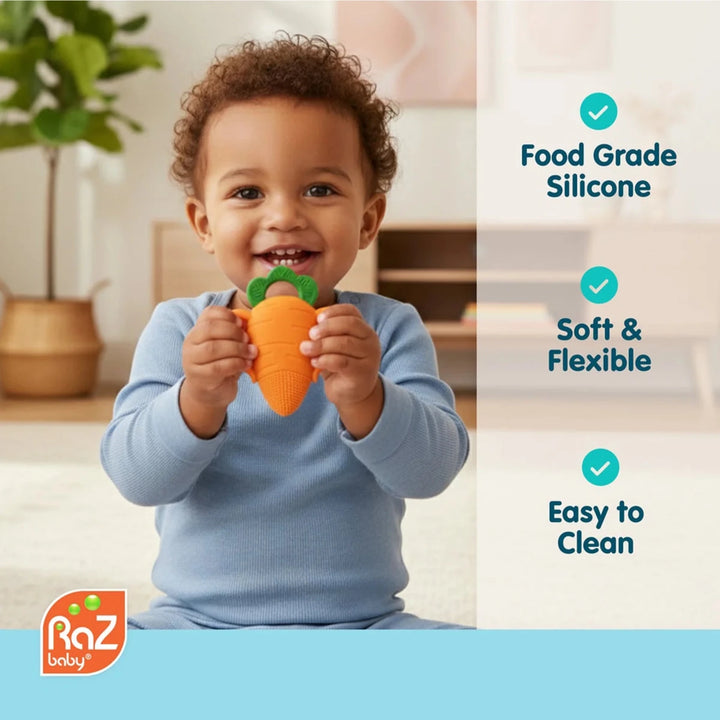 Razbaby Carrot Teether back view featuring BPA-free silicone carrot design with textured surface for soothing baby gums