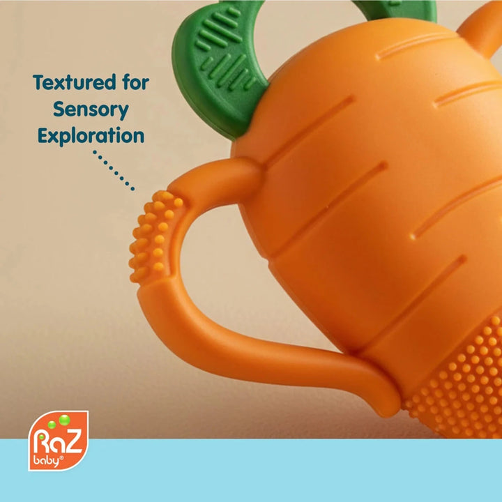 Razbaby Carrot Teether side view with soft BPA-free silicone, ergonomic shape and textured surface for teething relief