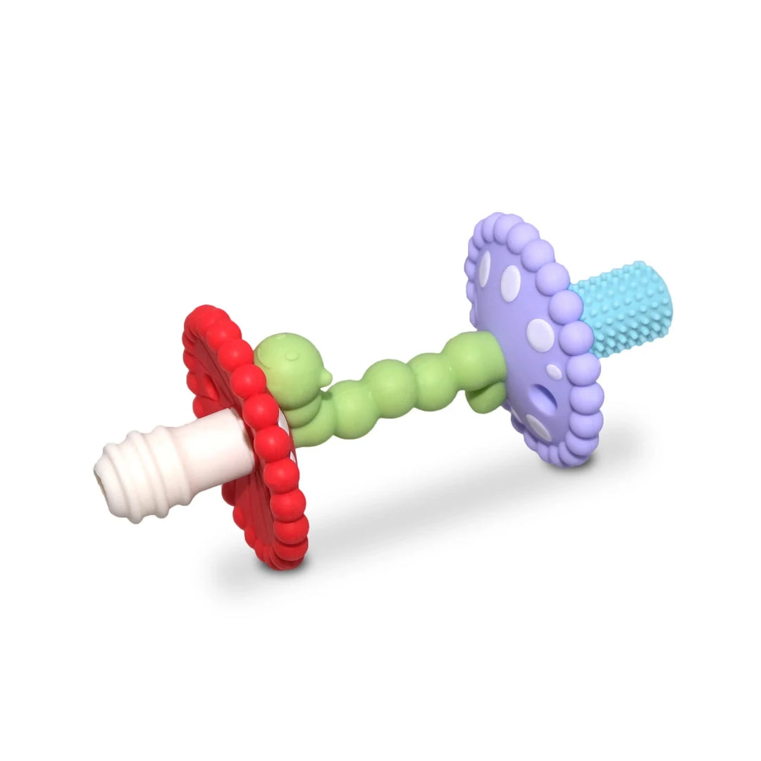 Razbaby Chompy Mushroom Wand Teether angled view highlighting textured silicone head and ergonomic grip handle