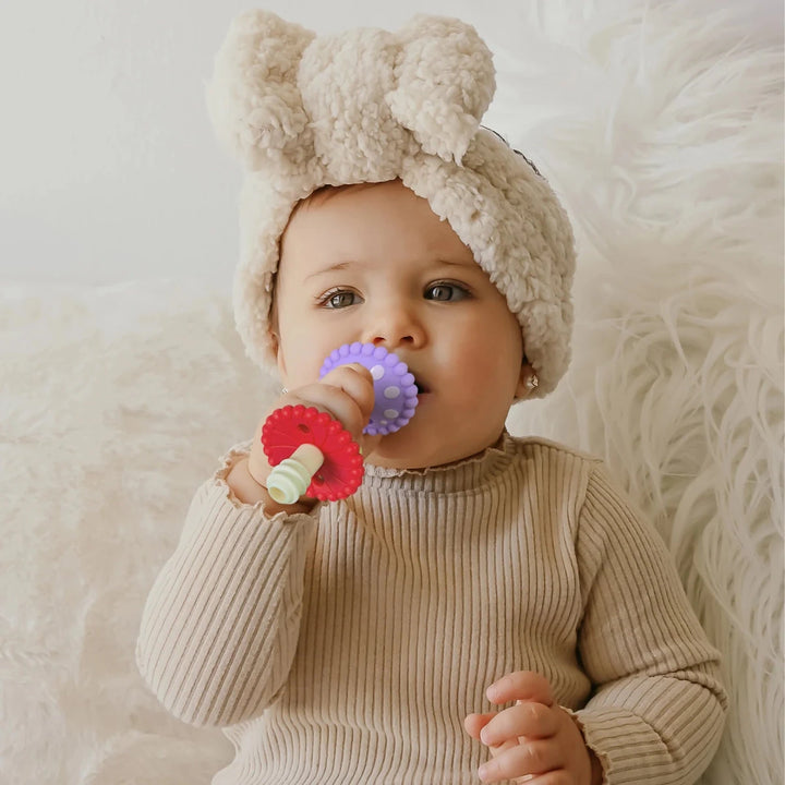 Razbaby Chompy Mushroom Wand Teether front view with soft textured silicone mushroom design for teething relief
