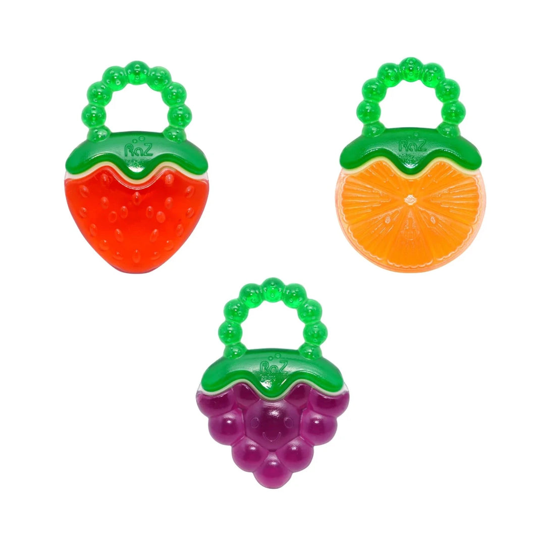 Razbaby Fruit Koolers 3 Pack angled view featuring textured water-filled fruit teethers for soothing baby's gums