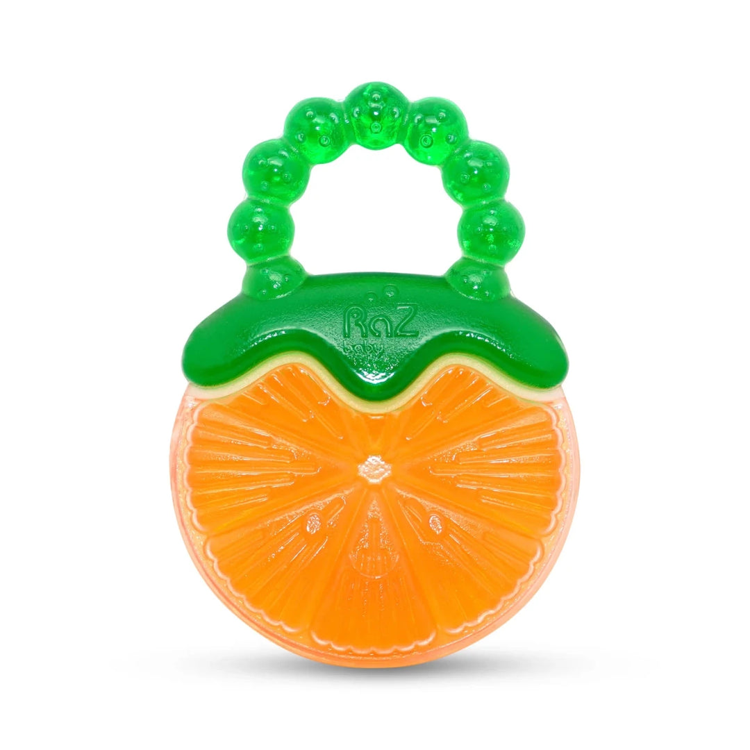Razbaby Fruit Koolers 3 Pack water-filled teethers in lifestyle setting with colorful fruit designs for teething babies