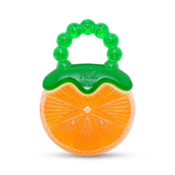 Razbaby Fruit Koolers 3 Pack water-filled teethers in lifestyle setting with colorful fruit designs for teething babies