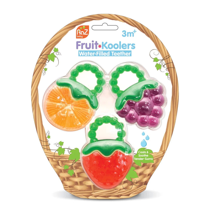 Razbaby Fruit Koolers water-filled teether 3 Pack with strawberry, orange and grape shapes on white background