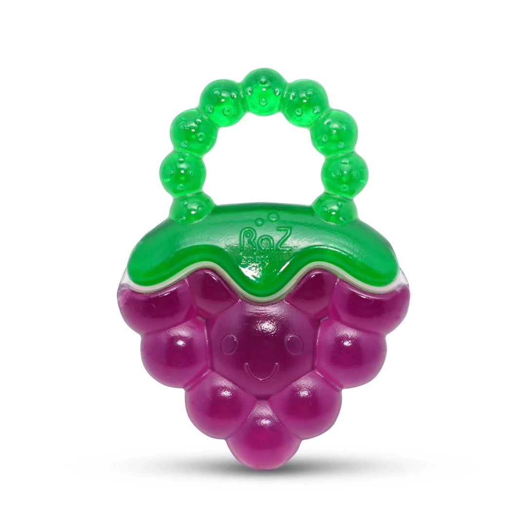 Razbaby Fruit Koolers 3 Pack water-filled teethers in lifestyle setting with colorful fruit designs for teething babies