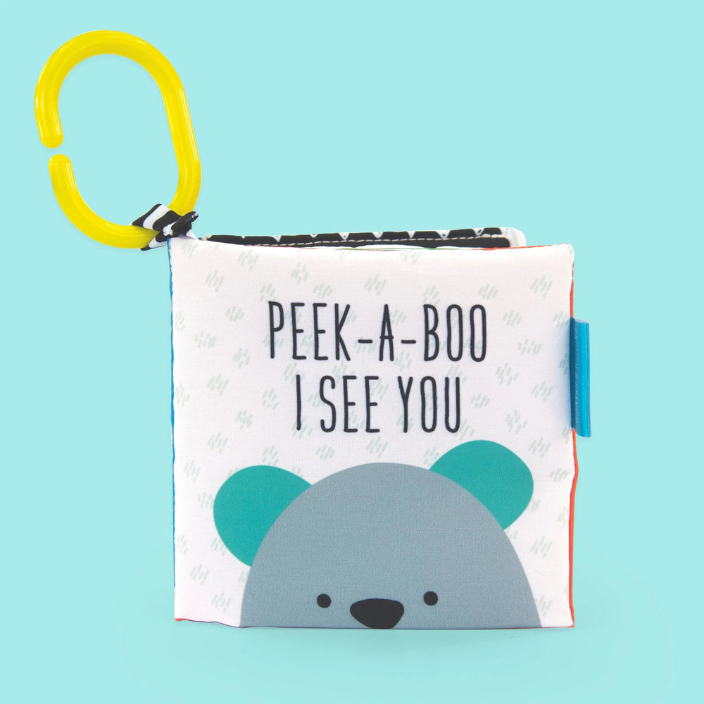 Children's book with a bear design and 'Peek-a-Boo I See You' text on a blue background