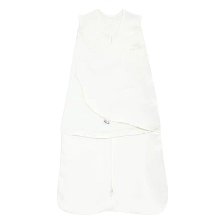 A white baby sleep sack with a front zipper and drawstring neck, shown flat against a white background.
