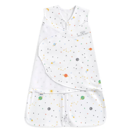 Baby sleeping bag with space-themed print on a white background