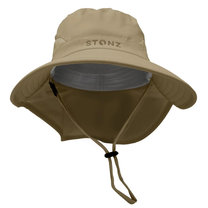 Stonz Explorer Hat 2026 Olive - Beige bucket hat with drawstring on a white background