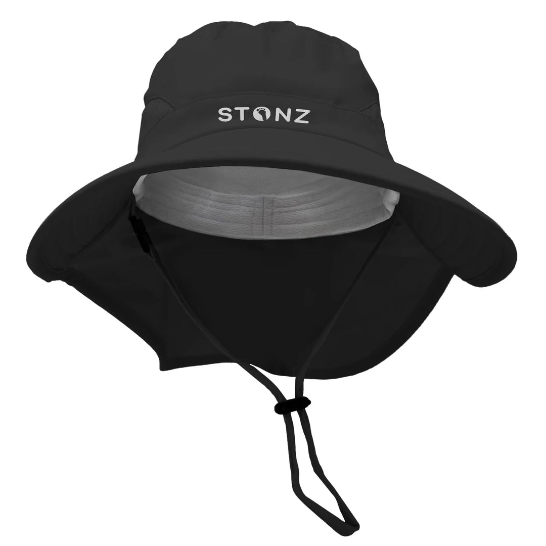 Stonz Explorer Hat 2026 Black -  Black sun hat with gray interior and Stonz logo on a white background