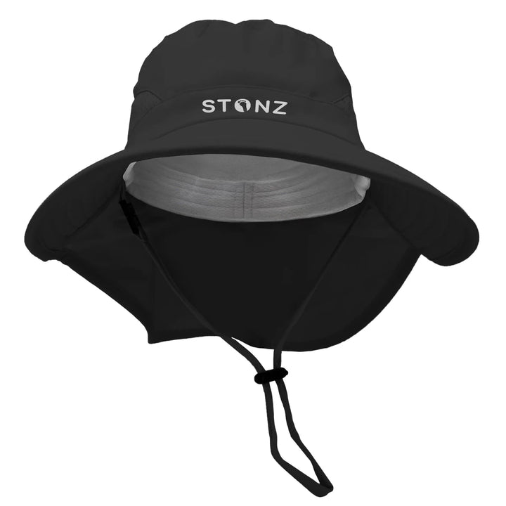 Stonz Explorer Hat 2026 Black -  Black sun hat with gray interior and Stonz logo on a white background