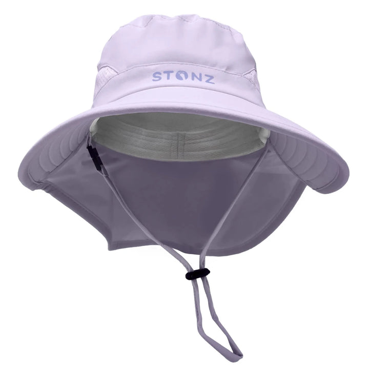 Stonz Explorer Hat 2026 Purple Haze -  White sun hat with neck flap and drawstring on a white background