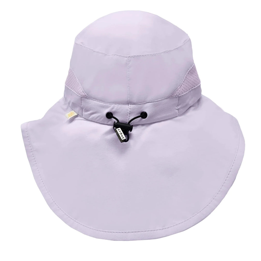Light purple wide-brimmed hat with a chin strap on a white background