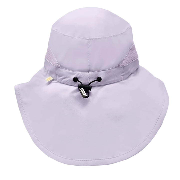 Light purple wide-brimmed hat with a chin strap on a white background