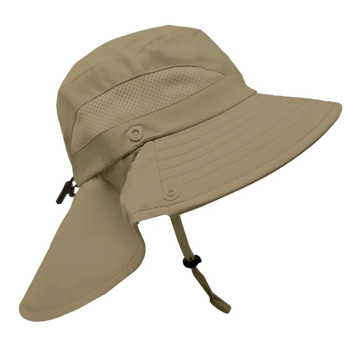 Stonz Explorer Hat 2026 Olive -  Beige bucket hat with neck flap on a white background