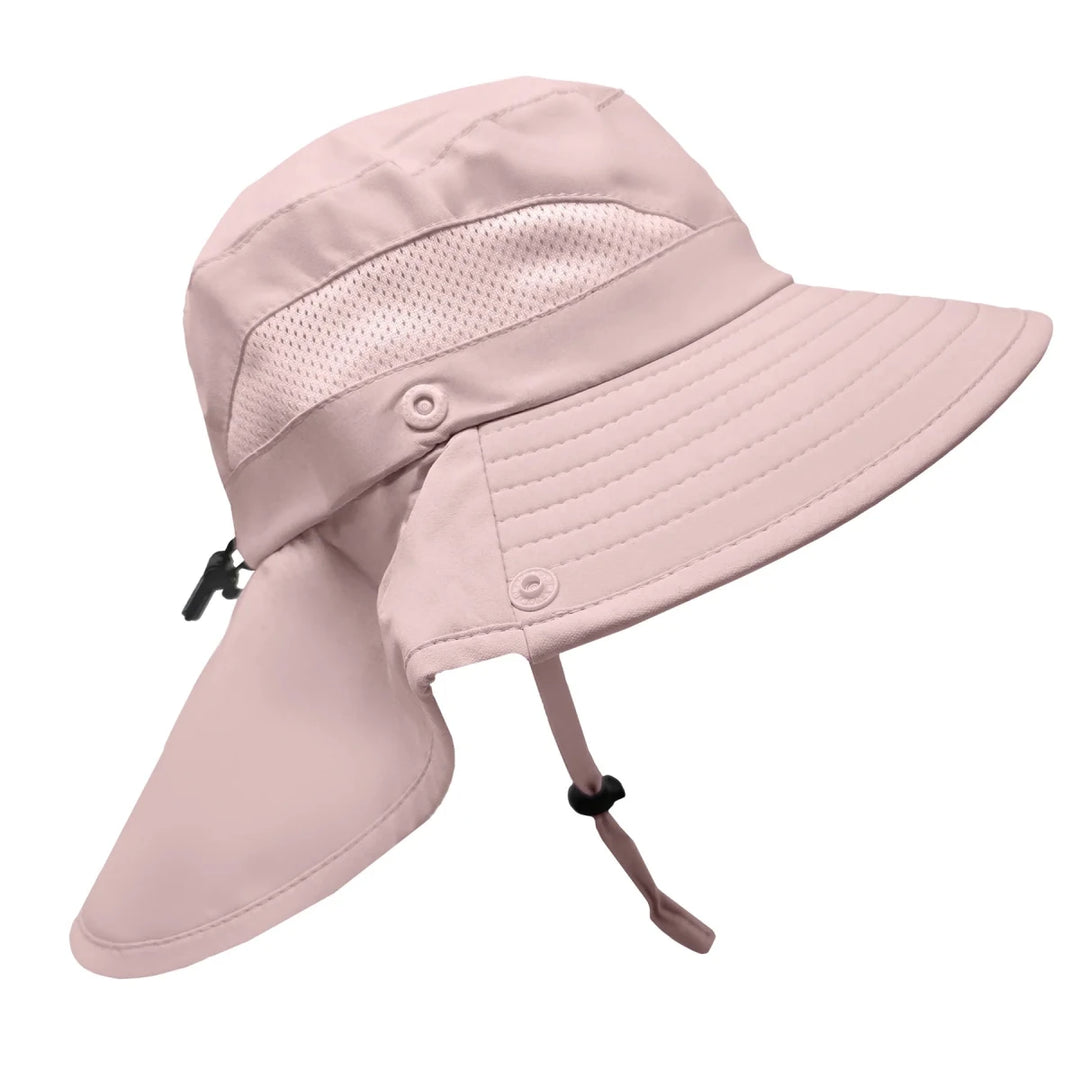 Stonz Explorer Hat 2026 Blush -  Pink sun hat with a wide brim and neck flap on a white background