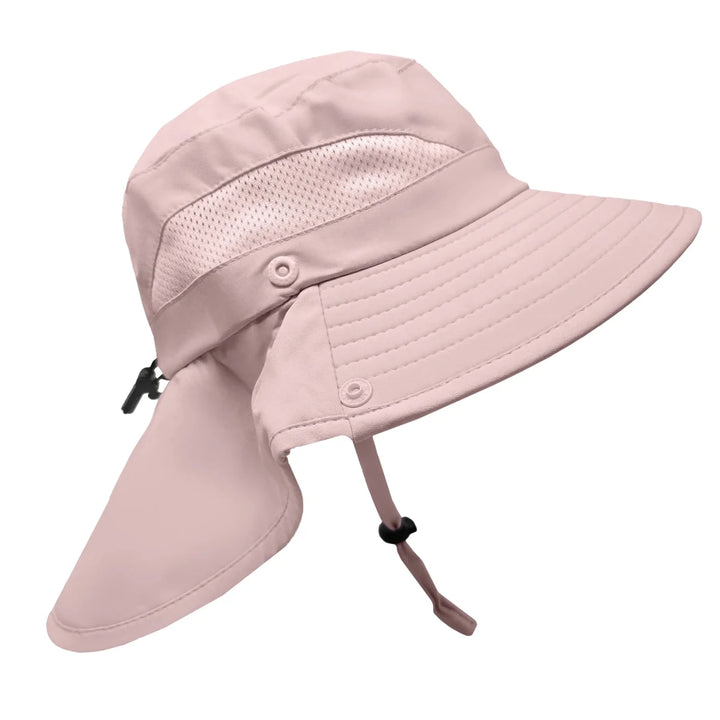 Stonz Explorer Hat 2026 Blush -  Pink sun hat with a wide brim and neck flap on a white background