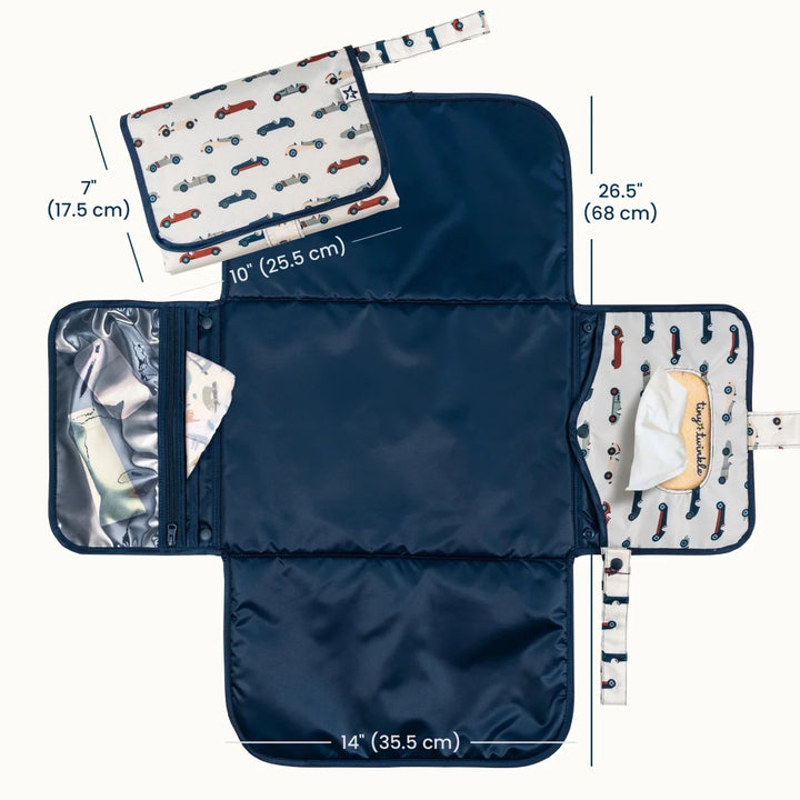 Navy Tiny Twinkle portable diaper changing pad featuring a vintage cars design