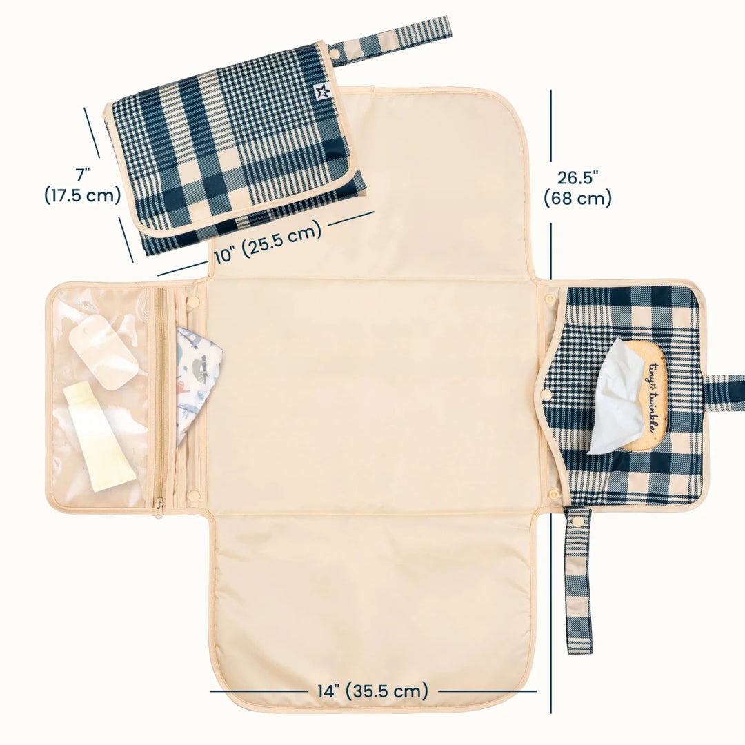 Beige gingham Tiny Twinkle portable diaper changing pad with soft padded surface