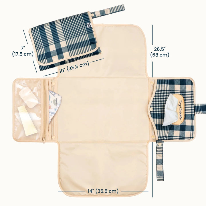 Beige gingham Tiny Twinkle portable diaper changing pad with soft padded surface